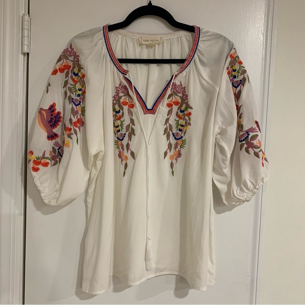 Luna Moon Bohemian Embroidered Tassel‎ Tie Puff Sleeve Top Colorful Sz Medium
